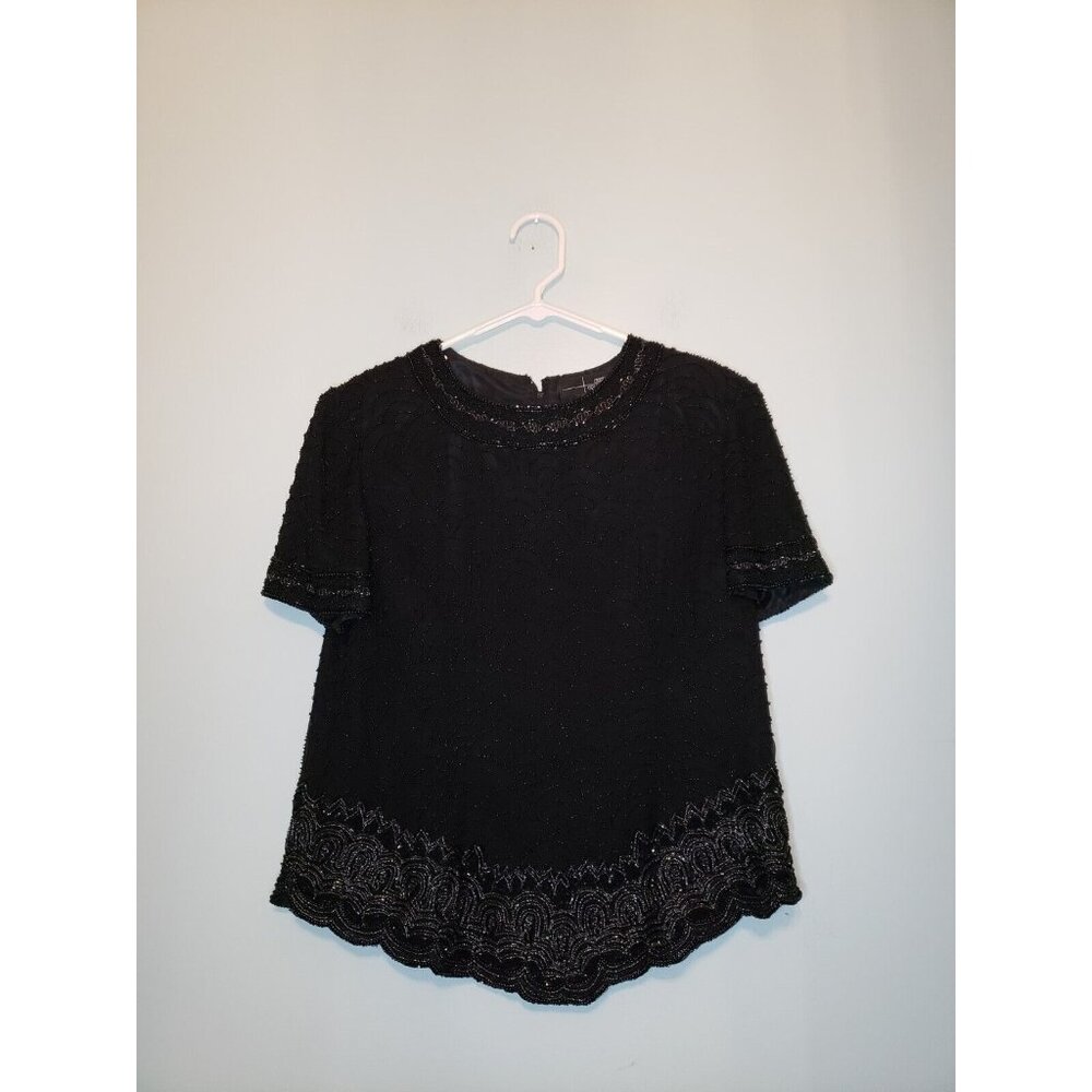 Cristall Collection Women L Special Occasion Blouse Beads 100% Silk Short Sleeve